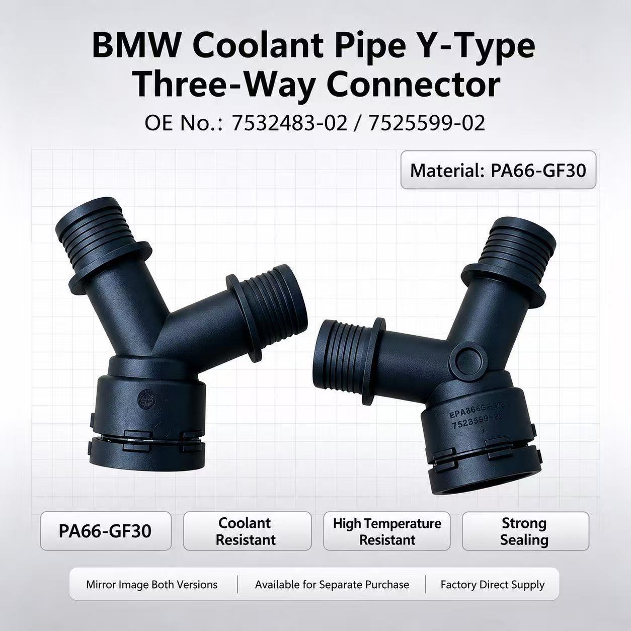 BMW Coolant Pipe Y-Type Three-Way Connector Left & Right Mirror Versions OE 7532483-02 / 7525599-02