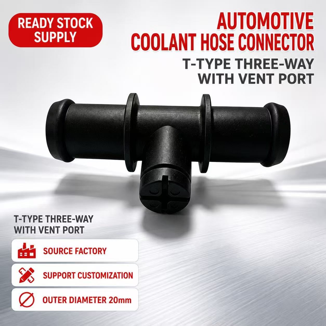 Automotive Coolant Hose Connector T-Type Three-Way With Vent Port, Outer Diameter 20mm